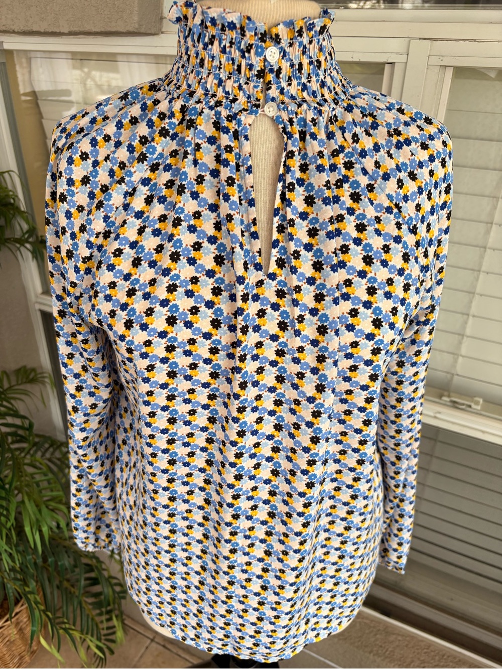 LOFT Blue and Yellow Smocked-Neck Floral Blouse - Picture 3 of 6